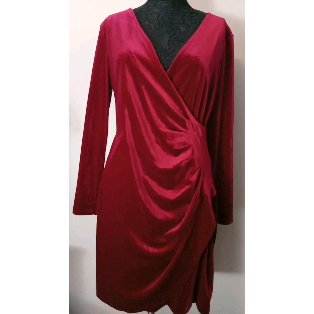 DKNY women Red Velvet Faux Wrap Ruched Back Zip Longsleeve Dress Size 14